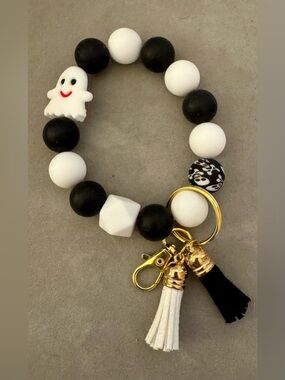 Black & White Ghost Beaded Keychain Wristlet Bracelet, Tassels and Gold Hardware